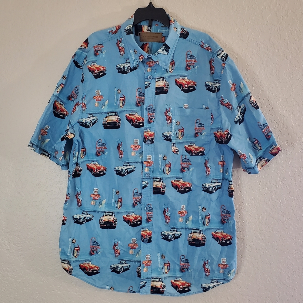 Clear Water Vintage Classic Car Button Down Shirt Size L 100% Cotton